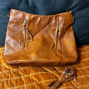 Cognac Brown Faux Leather Hobo Bag with Detachable Crossbody Strap and Tassels